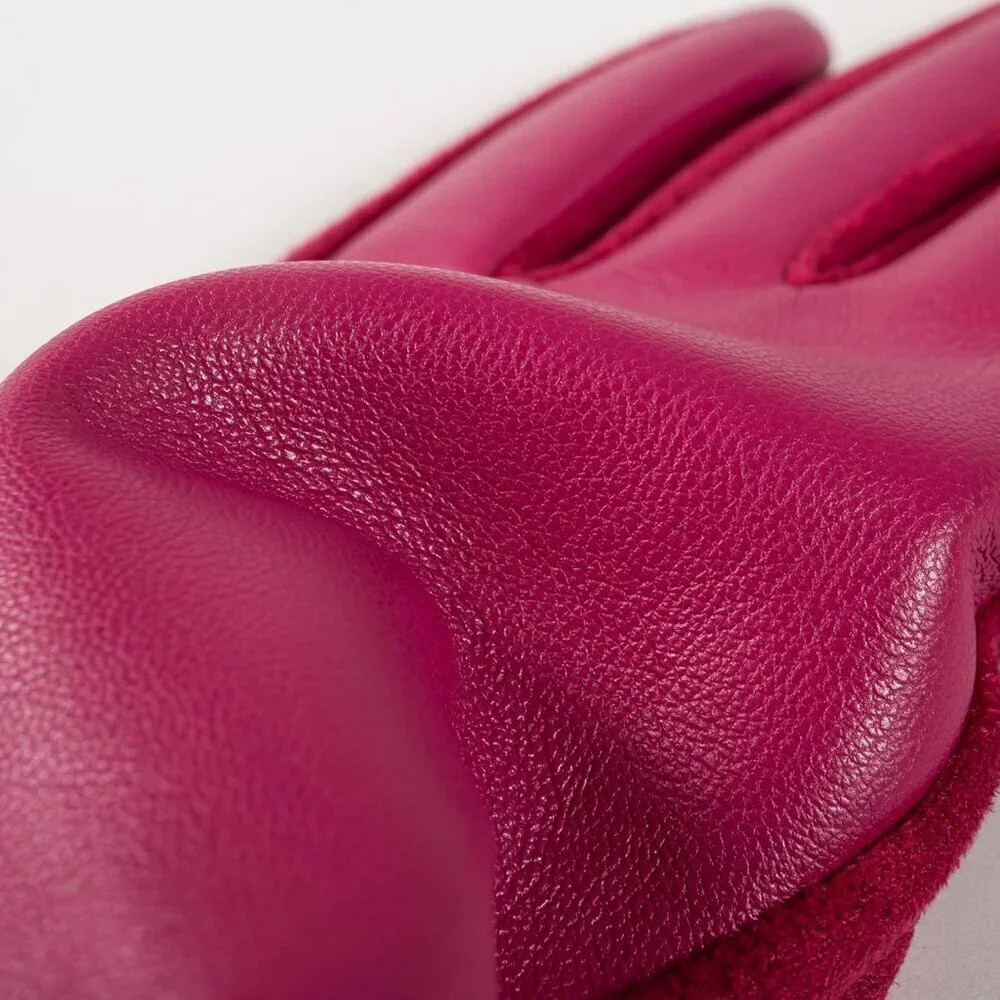 Women's Rose Red Winter Leather Suede Gloves Wool Lined Windproof Touchscreen